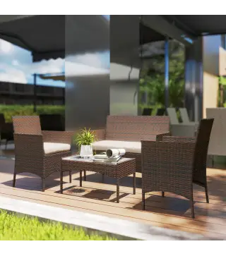 Conjunto de Muebles de Jardín de Ratán Sintético con Sofá Sillones y Mesa de Centro con Vidrio Templado y Cojines Marrón