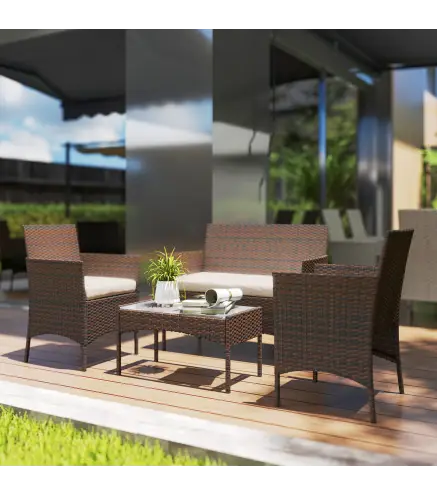 Conjunto de Muebles de Jardín de Ratán Sintético con Sofá Sillones y Mesa de Centro con Vidrio Templado y Cojines Marrón