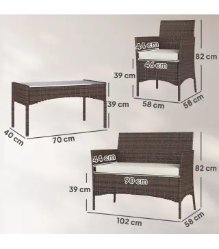 Conjunto de Muebles de Jardín de Ratán Sintético con Sofá Sillones y Mesa de Centro con Vidrio Templado y Cojines Marrón