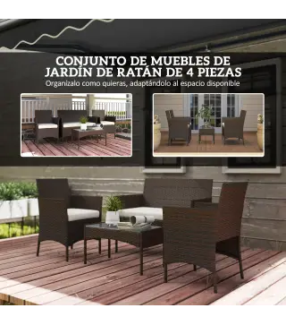 Conjunto de Muebles de Jardín de Ratán Sintético con Sofá Sillones y Mesa de Centro con Vidrio Templado y Cojines Marrón
