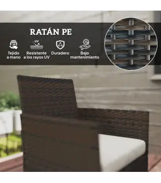 Conjunto de Muebles de Jardín de Ratán Sintético con Sofá Sillones y Mesa de Centro con Vidrio Templado y Cojines Marrón
