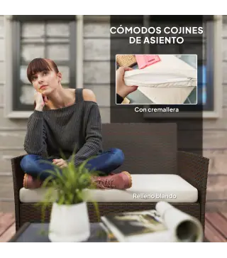 Conjunto de Muebles de Jardín de Ratán Sintético con Sofá Sillones y Mesa de Centro con Vidrio Templado y Cojines Marrón