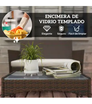 Conjunto de Muebles de Jardín de Ratán Sintético con Sofá Sillones y Mesa de Centro con Vidrio Templado y Cojines Marrón