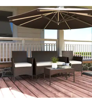 Conjunto de Muebles de Jardín de Ratán Sintético con Sofá Sillones y Mesa de Centro con Vidrio Templado y Cojines Marrón