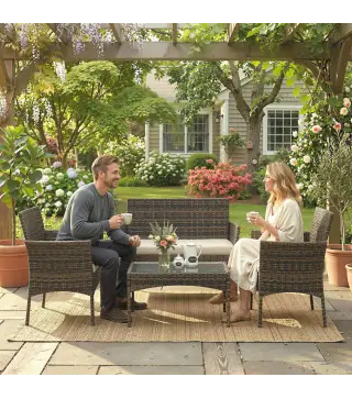 Conjunto de Muebles de Jardín de Ratán Sintético con Sofá Sillones y Mesa de Centro con Vidrio Templado y Cojines Marrón