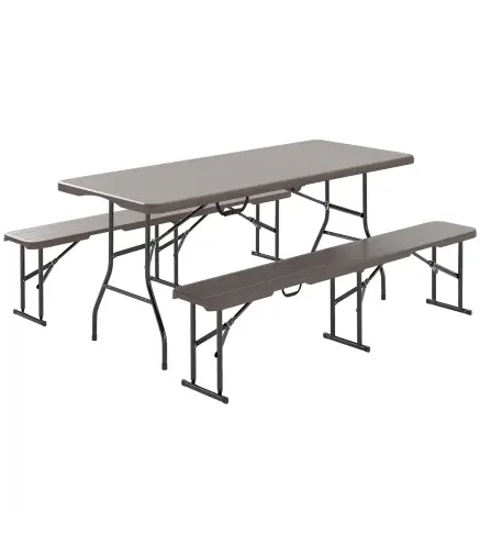 Conjunto de Camping Plegable de Mesa y Bancos Imitación Madera para Exterior 180x74x74 cm y 182x28x42 cm Marrón