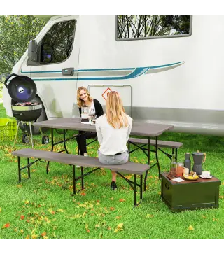 Conjunto de Camping Plegable de Mesa y Bancos Imitación Madera para Exterior 180x74x74 cm y 182x28x42 cm Marrón