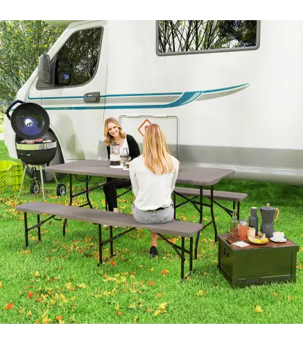 Conjunto de Camping Plegable de Mesa y Bancos Imitación Madera para Exterior 180x74x74 cm y 182x28x42 cm Marrón