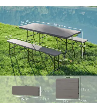 Conjunto de Camping Plegable de Mesa y Bancos Imitación Madera para Exterior 180x74x74 cm y 182x28x42 cm Marrón