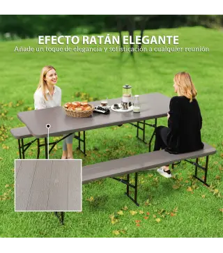 Conjunto de Camping Plegable de Mesa y Bancos Imitación Madera para Exterior 180x74x74 cm y 182x28x42 cm Marrón