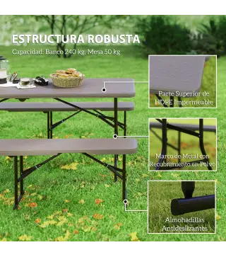 Conjunto de Camping Plegable de Mesa y Bancos Imitación Madera para Exterior 180x74x74 cm y 182x28x42 cm Marrón