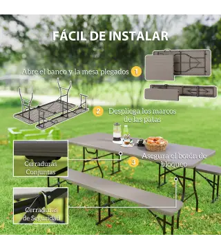 Conjunto de Camping Plegable de Mesa y Bancos Imitación Madera para Exterior 180x74x74 cm y 182x28x42 cm Marrón