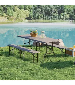 Conjunto de Camping Plegable de Mesa y Bancos Imitación Madera para Exterior 180x74x74 cm y 182x28x42 cm Marrón