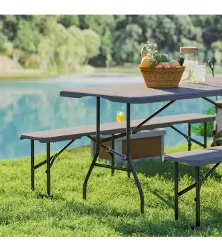 Conjunto de Camping Plegable de Mesa y Bancos Imitación Madera para Exterior 180x74x74 cm y 182x28x42 cm Marrón