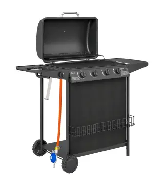 Barbacoa de Gas con 4 Quemadores Quemador Lateral Tapa con Termómetro Parrilla y Mesa Lateral Ruedas 121x54x97 cm Negro