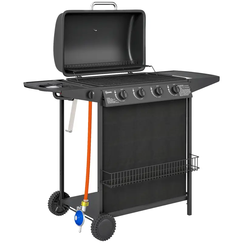Barbacoa de Gas con 4 Quemadores Quemador Lateral Tapa con Termómetro Parrilla y Mesa Lateral Ruedas 121x54x97 cm Negro