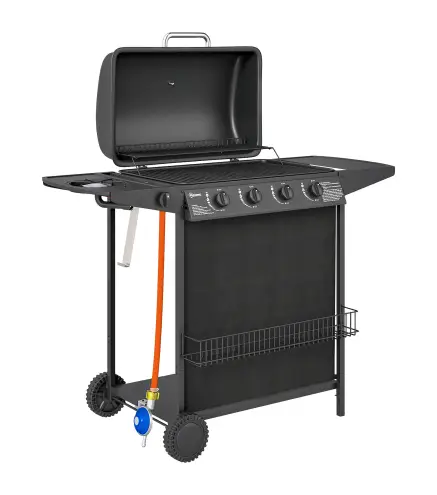 Barbacoa de Gas con 4 Quemadores Quemador Lateral Tapa con Termómetro Parrilla y Mesa Lateral Ruedas 121x54x97 cm Negro