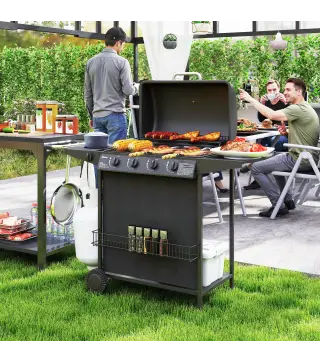 Barbacoa de Gas con 4 Quemadores Quemador Lateral Tapa con Termómetro Parrilla y Mesa Lateral Ruedas 121x54x97 cm Negro