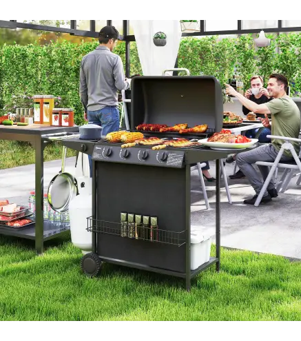 Barbacoa de Gas con 4 Quemadores Quemador Lateral Tapa con Termómetro Parrilla y Mesa Lateral Ruedas 121x54x97 cm Negro