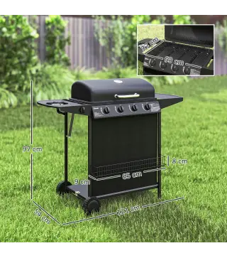 Barbacoa de Gas con 4 Quemadores Quemador Lateral Tapa con Termómetro Parrilla y Mesa Lateral Ruedas 121x54x97 cm Negro