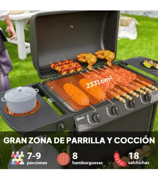 Barbacoa de Gas con 4 Quemadores Quemador Lateral Tapa con Termómetro Parrilla y Mesa Lateral Ruedas 121x54x97 cm Negro