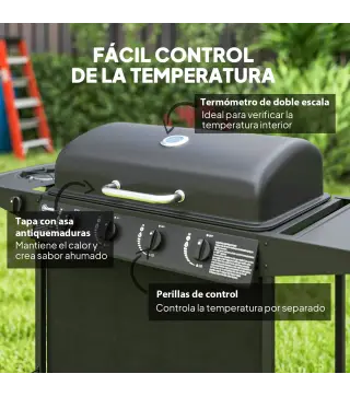 Barbacoa de Gas con 4 Quemadores Quemador Lateral Tapa con Termómetro Parrilla y Mesa Lateral Ruedas 121x54x97 cm Negro