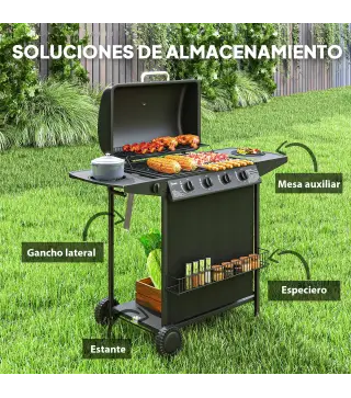 Barbacoa de Gas con 4 Quemadores Quemador Lateral Tapa con Termómetro Parrilla y Mesa Lateral Ruedas 121x54x97 cm Negro