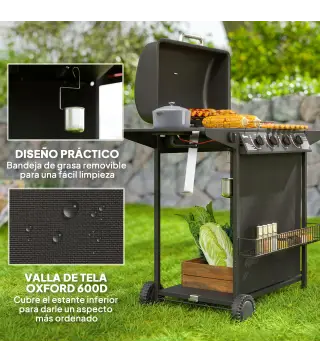Barbacoa de Gas con 4 Quemadores Quemador Lateral Tapa con Termómetro Parrilla y Mesa Lateral Ruedas 121x54x97 cm Negro