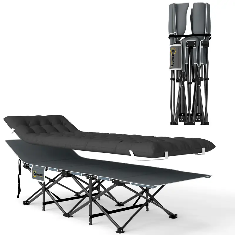Cama de Camping Plegable con Colchón Extraíble Reposacabezas y Bolsa de Transporte 186x68x37 cm Negro