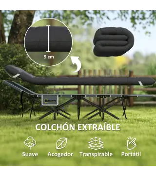 Cama de Camping Plegable con Colchón Extraíble Reposacabezas y Bolsa de Transporte 186x68x37 cm Negro