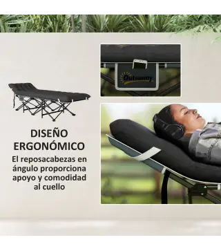 Cama de Camping Plegable con Colchón Extraíble Reposacabezas y Bolsa de Transporte 186x68x37 cm Negro