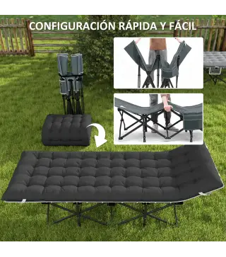 Cama de Camping Plegable con Colchón Extraíble Reposacabezas y Bolsa de Transporte 186x68x37 cm Negro