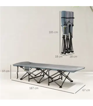 Cama de Camping Plegable con Cojín Integrado Reposacabezas y Bolsillo Lateral 187x67x37 cm Gris