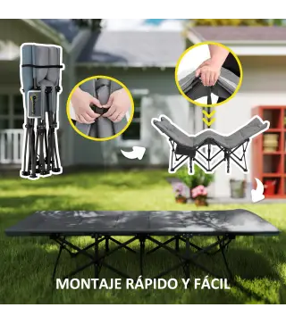 Cama de Camping Plegable con Cojín Integrado Reposacabezas y Bolsillo Lateral 187x67x37 cm Gris