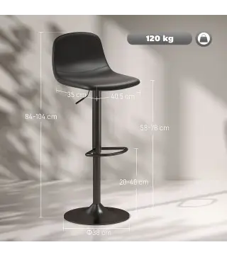 Conjunto 2 Taburetes Altos Ajustables 360° con Respaldo y Reposapiés para Cocina Bar o Comedor 40,5x44x84-104 cm Negro