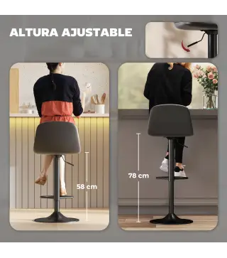 Conjunto 2 Taburetes Altos Ajustables 360° con Respaldo y Reposapiés para Cocina Bar o Comedor 40,5x44x84-104 cm Negro