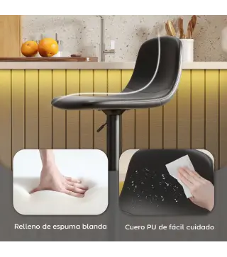 Conjunto 2 Taburetes Altos Ajustables 360° con Respaldo y Reposapiés para Cocina Bar o Comedor 40,5x44x84-104 cm Negro