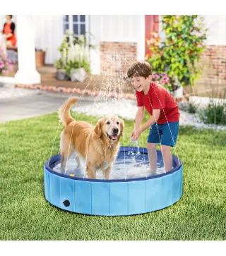 Piscina para Perros Grandes Plegable con Aspersor de PVC Antideslizante Resistente al Desgaste Ø120x30 cm Azul Claro