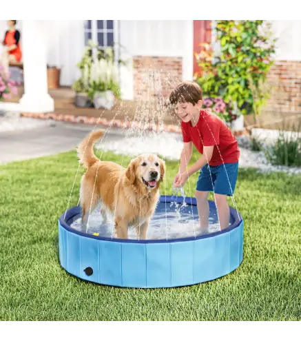 Piscina para Perros Grandes Plegable con Aspersor de PVC Antideslizante Resistente al Desgaste Ø120x30 cm Azul Claro