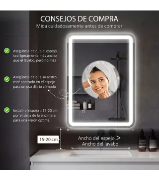 Espejo de Baño con Luces LED 70x90 cm 3 Colores de Luz Brillo Regulable Función Antivaho Función de Memoria IP44