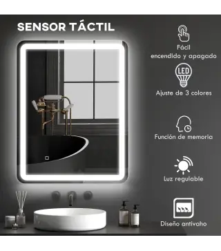 Espejo de Baño con Luces LED 70x90 cm 3 Colores de Luz Brillo Regulable Función Antivaho Función de Memoria IP44