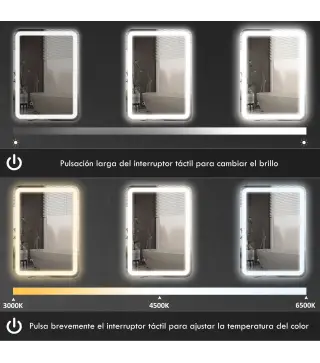 Espejo de Baño con Luces LED 70x90 cm 3 Colores de Luz Brillo Regulable Función Antivaho Función de Memoria IP44