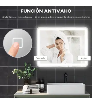 Espejo de Baño con Luces LED 70x90 cm 3 Colores de Luz Brillo Regulable Función Antivaho Función de Memoria IP44