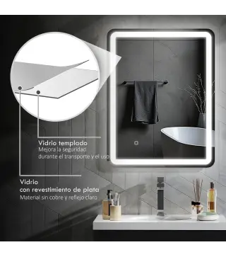 Espejo de Baño con Luces LED 70x90 cm 3 Colores de Luz Brillo Regulable Función Antivaho Función de Memoria IP44