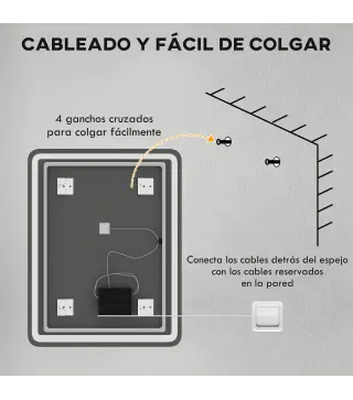 Espejo de Baño con Luces LED 70x90 cm 3 Colores de Luz Brillo Regulable Función Antivaho Función de Memoria IP44