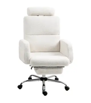 Silla de Escritorio con Reposapiés Tapizada en Borreguito con Respaldo Reclinable Reposacabezas Ajustable Crema