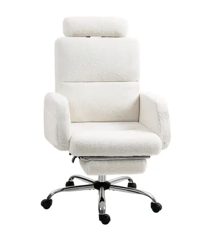 Silla de Escritorio con Reposapiés Tapizada en Borreguito con Respaldo Reclinable Reposacabezas Ajustable Crema