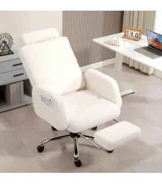 Silla de Escritorio con Reposapiés Tapizada en Borreguito con Respaldo Reclinable Reposacabezas Ajustable Crema