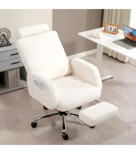 Silla de Escritorio con Reposapiés Tapizada en Borreguito con Respaldo Reclinable Reposacabezas Ajustable Crema