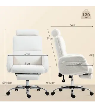 Silla de Escritorio con Reposapiés Tapizada en Borreguito con Respaldo Reclinable Reposacabezas Ajustable Crema